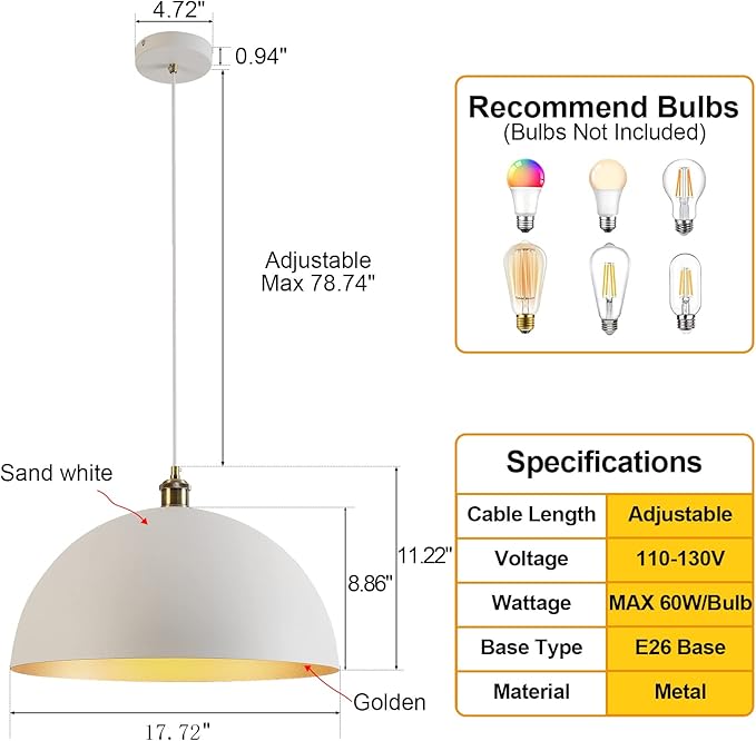 Modern Pendant Light,Farmhouse pendant light 17.72 "Farmhouse pendant light Industrial Large Dome Chandelier White and gold finish lighting fixture line length 78.74" Kitchen island, bedroom