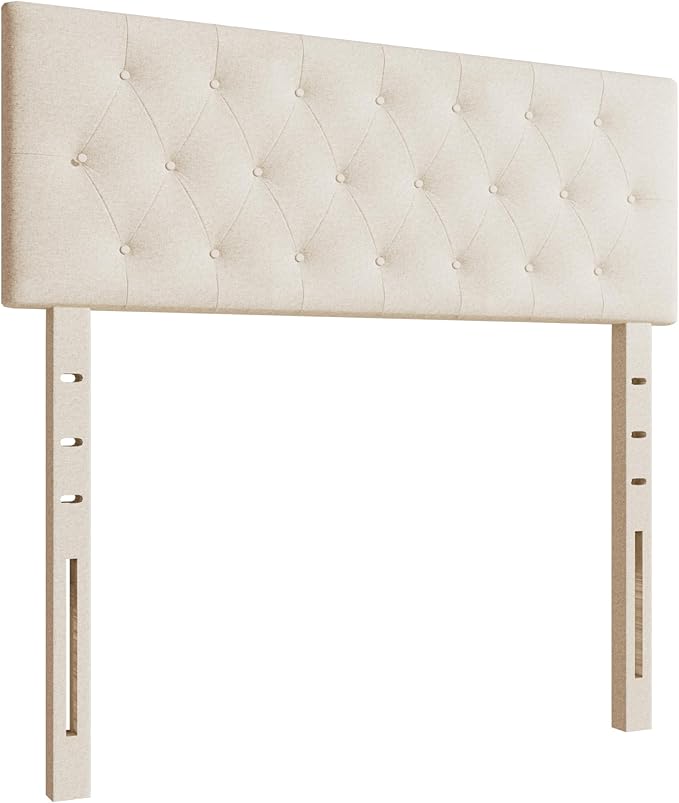 Rosevera Givanna Adjustable Height Headboard with Linen Upholstery and Button Tufting for Bedroom, Queen, Natural Linen
