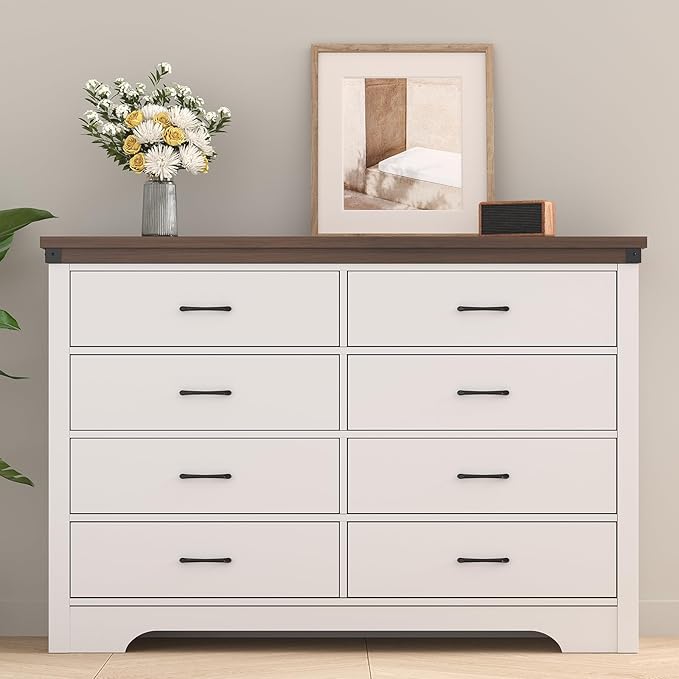 Farmhouse 8 Drawer Dresser for Bedroom, 52" Wide Chest of Drawers, Wooden Dresser TV Stand, Storage Dressers Organizer for Bedroom, Living Room, Hallway, White
