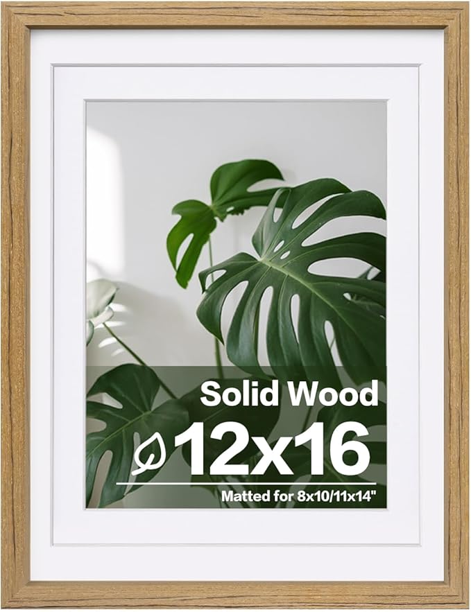 Egofine 12x16 Picture Frame with Plexiglass Made of Solid Wood, Display Pictures 9x12/11x14 with Mat or 12x16 Without Mat for Wall Mounting, Carbonized Brown