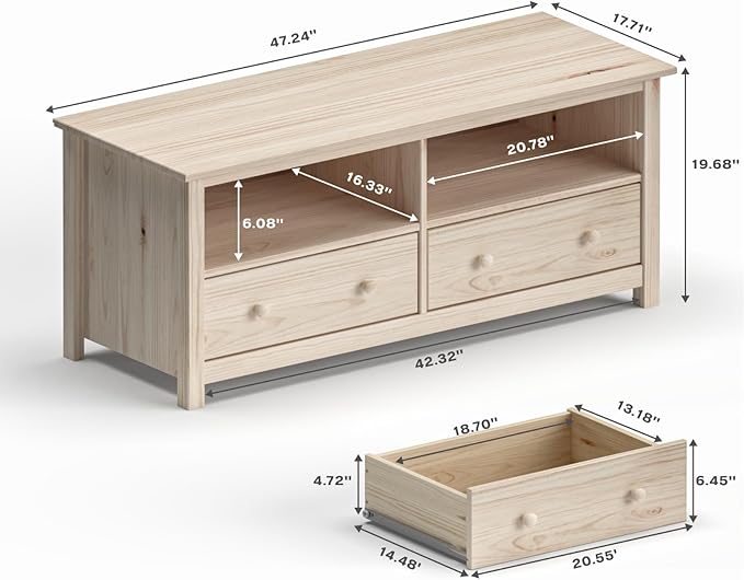 Handcrafted Solid Oak TV Stand Entertainment Center - Elegant Unfinished Media Console with Spacious Storage Drawers & Open Shelves - Sturdy Wood Cabinet Fits TVs up to 55 Inches