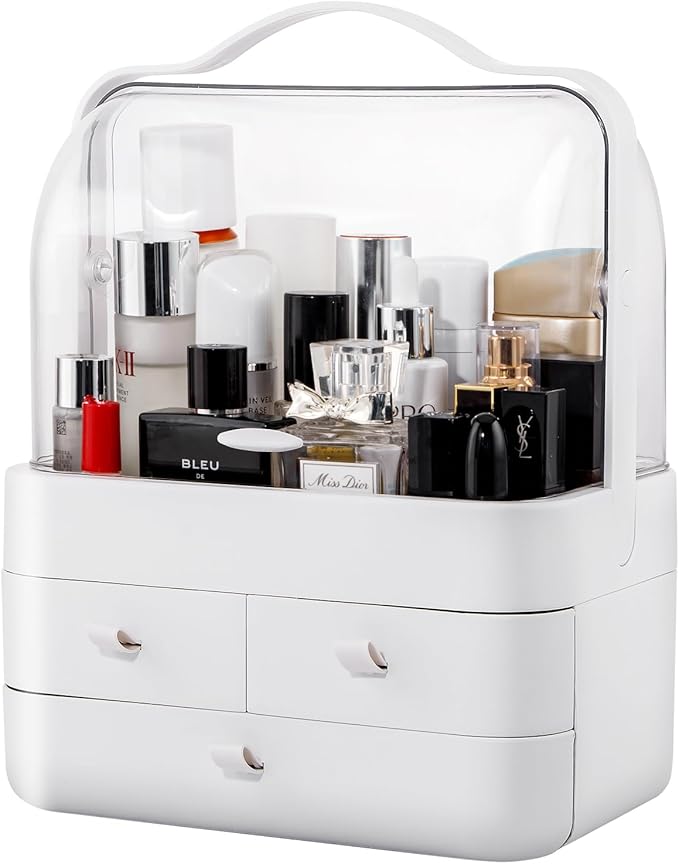 Nervure White Makeup Organizer - Cosmetic Storage Box with Lid - Makeup Organizer Storage Drawersr with Dust Free Cover and Portable Handle for Bathroom Countertop & Dresser & Gift