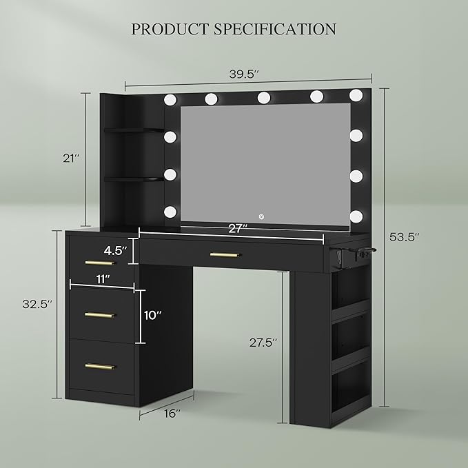 YITAHOME Vanity Desk with Mirror and Lights, Makeup Table with Charging Station, Large Vanity Set with 4 Drawers, Cute Makeup Desk with 6 Storage Shelves, Black