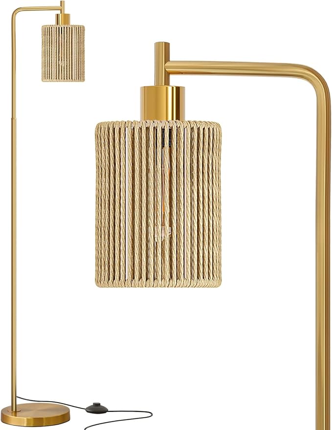 Oneach 66" Gold Floor Lamp for Living Room, Boho Floor Lamp with LED Bulb, Foot Switch, Rattan Shade, Industrial Tall Farmhouse Standing Lamp for Bedroom, Dining Room, Study Room, Office