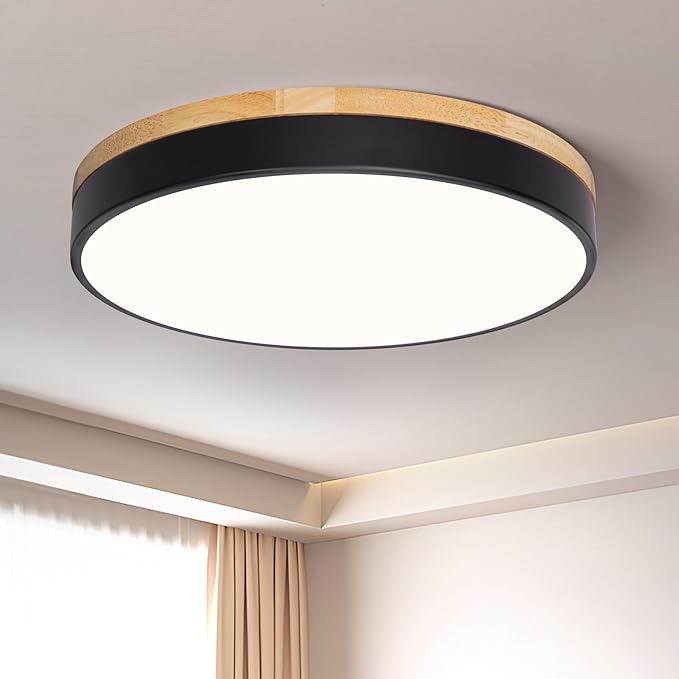 Modern Black Ceiling Light, Wood LED Close to Ceiling Lighting Fixtures, Round Flush Mount Ceiling Lamp for Kitchen Bedroom Bathroom Laundry Room Nursery Room Hallway（15.74 Inch）