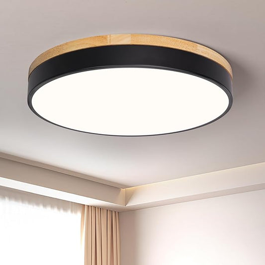 Modern Black Ceiling Light, Wood LED Close to Ceiling Lighting Fixtures, Round Flush Mount Ceiling Lamp for Kitchen Bedroom Bathroom Laundry Room Nursery Room Hallway（15.74 Inch）