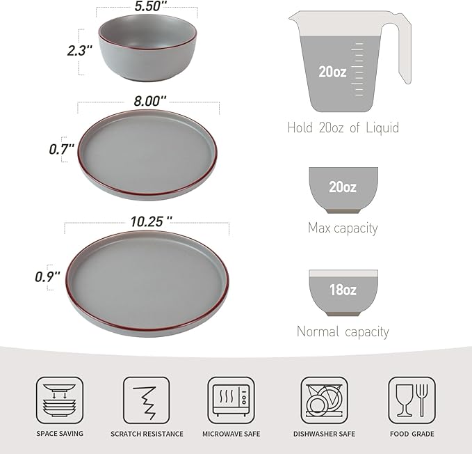 Famiware Mercury Plates and Bowls Sets, 18 Pieces Stoneware Dinnerware Sets, Dishes Set for 6, Microwave and Dishwasher Safe, Dark Grey