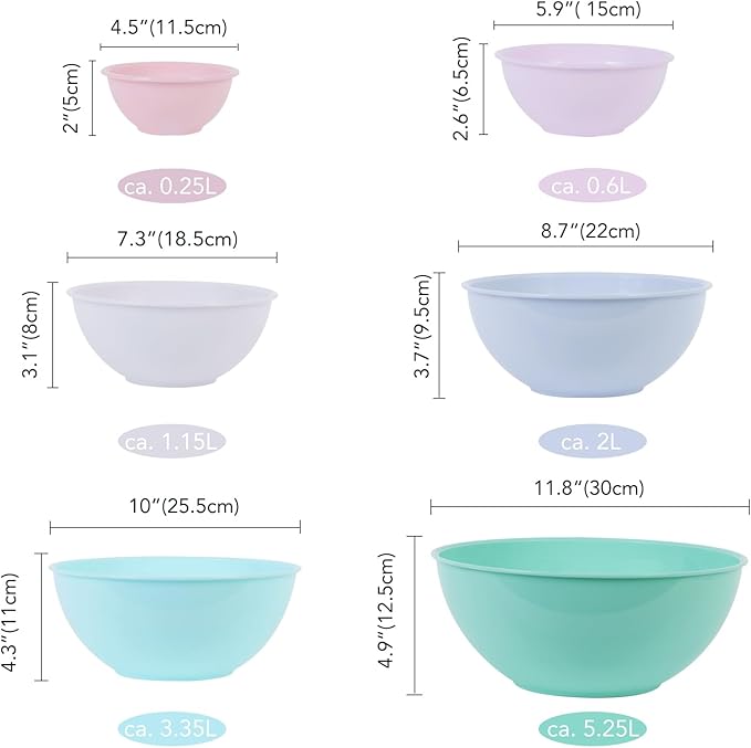 BoxedHome BPA Free Plastic Round Mixing Bowl with Lids, 12 Pack Nesting Bowls with Lids Set, Microwave and Dishwasher Safe Prep & Serving Bowls Great for Mixing, Baking, Serving (pinkish green, 12pcs)