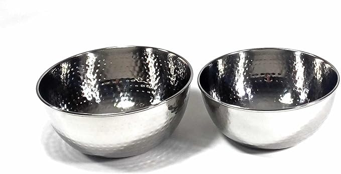 3SCompany Stainless Steel Hand-Hammered Prep and Mix Bowls - Set of 2, 7" and 8" Diameter, Dishwasher Safe, Flat Bottom - 1.5 Quart and 2 Quart Capacity