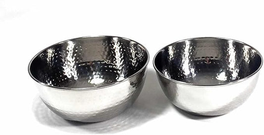 3SCompany Stainless Steel Hand-Hammered Prep and Mix Bowls - Set of 2, 7" and 8" Diameter, Dishwasher Safe, Flat Bottom - 1.5 Quart and 2 Quart Capacity