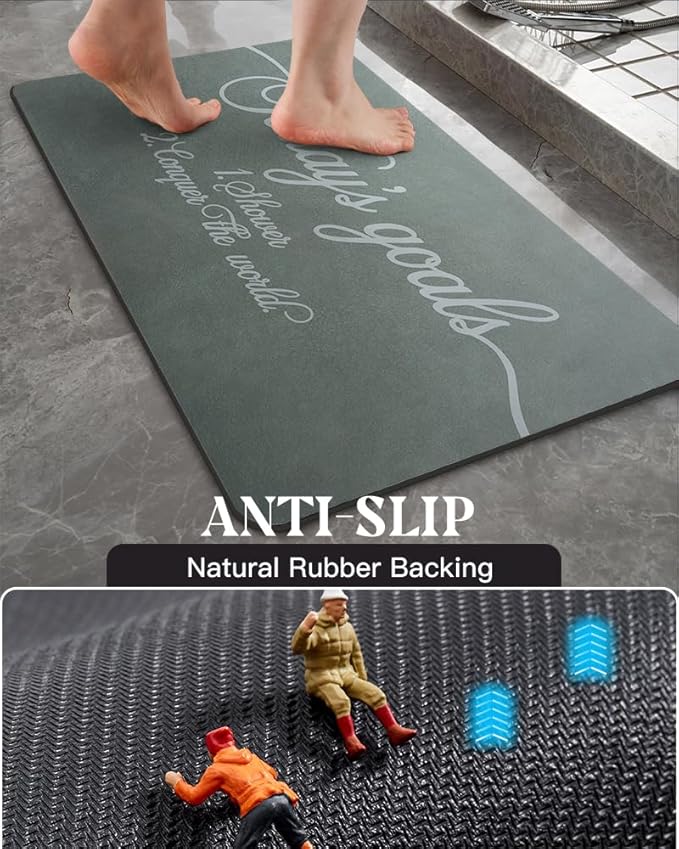 MontVoo -Bath Mat Rug- Non Slip Quick Dry Absorbent Thin Bathroom Rugs Fit Under Door-Faux Suede Surface Bathroom Floor Mats-Shower Rug for in Front of Bathtub Shower 17 X59 Green Text Pattern