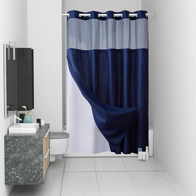 No Hook Waffle Weave Shower Curtain with Snap in Fabric Liner Set,Heavy Duty Textured Bathroom Curtain with See Through Window,Waterproof & Machine Washable,Navy Blue,Stall 36x72 Inch
