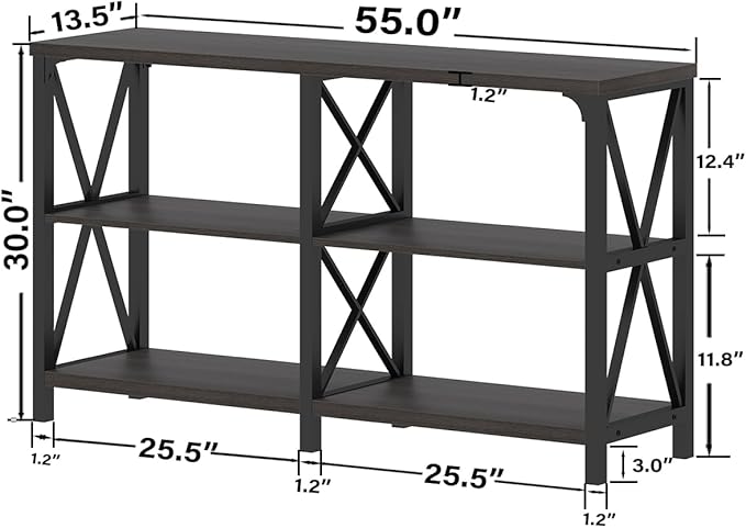 IBF Console Sofa Table, Industrial Metal Wood Entryway Table, Modern Hallway Foyer Table Behind Couch Table, 3 Tier Entry Table with Storage Shelves for Living Room Bedroom, Dark Gray Oak, 55 Inch