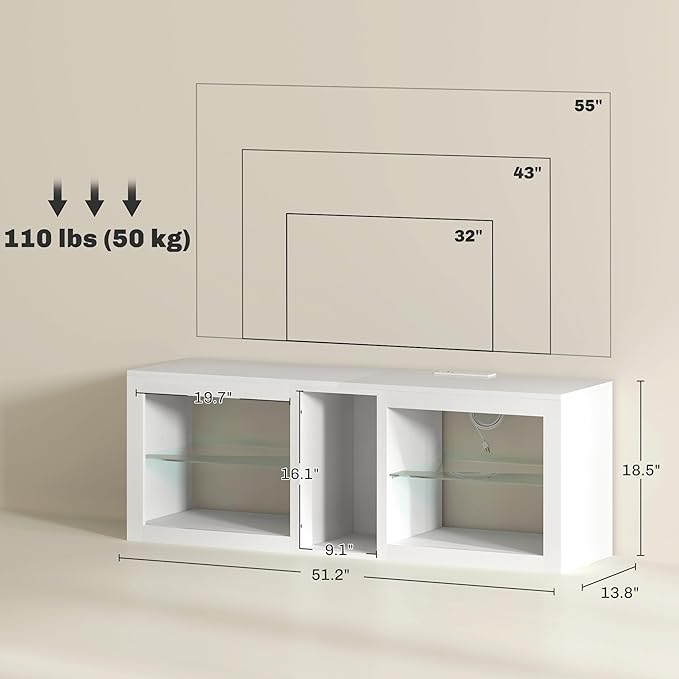 HOMCOM Modern TV Stand with LED Lights and Power Outlets for 55 Inch TV, 51" High Gloss Entertainment Center with Adjustable Glass Shelves, TV Console for Bedroom, Living Room, White