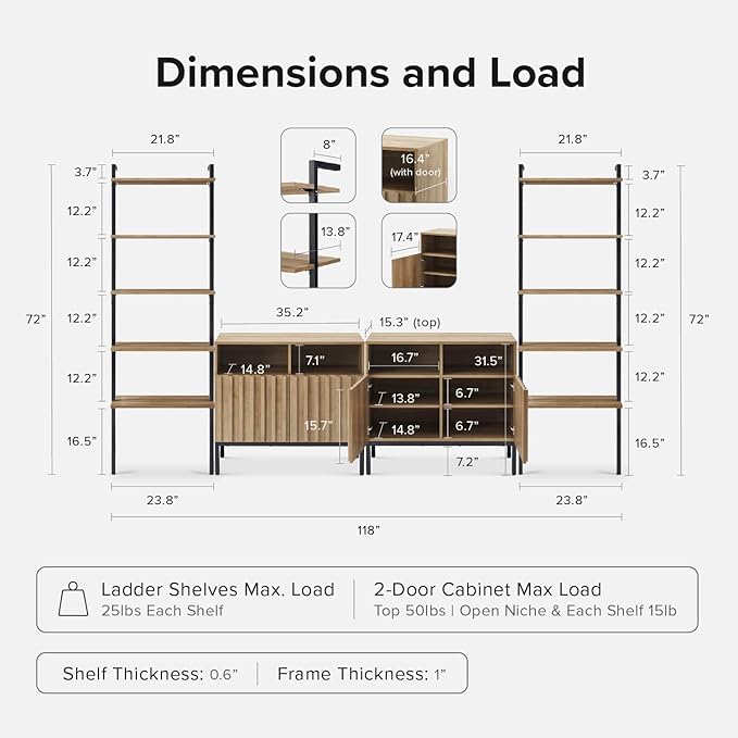 mopio Norwin 4 Piece Entertainment Center with Storage, 70" TV Stand, Industrial Modern Television Accent Cabinet, Wood Media Console Table with 5-Tier Shelf Bookcase (Oak 5-Tier Set TV Stand)