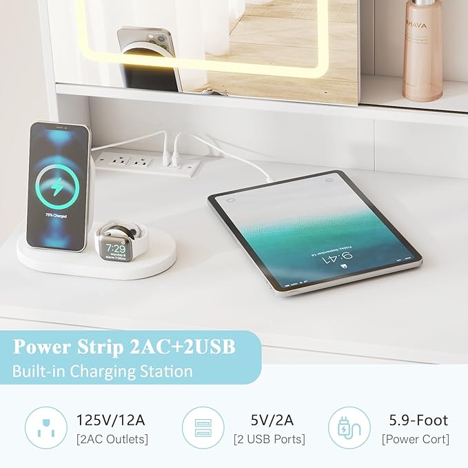 Hadulcet Vanity Desk with Mirror and Lights, Makeup Vanity with Power Outlet, LED Vanity with RGB Drawers and Cabinet, 10 Shelves & Acrylic Door Cabinet, 3 Lighting Modes Adjustable Brightness, White