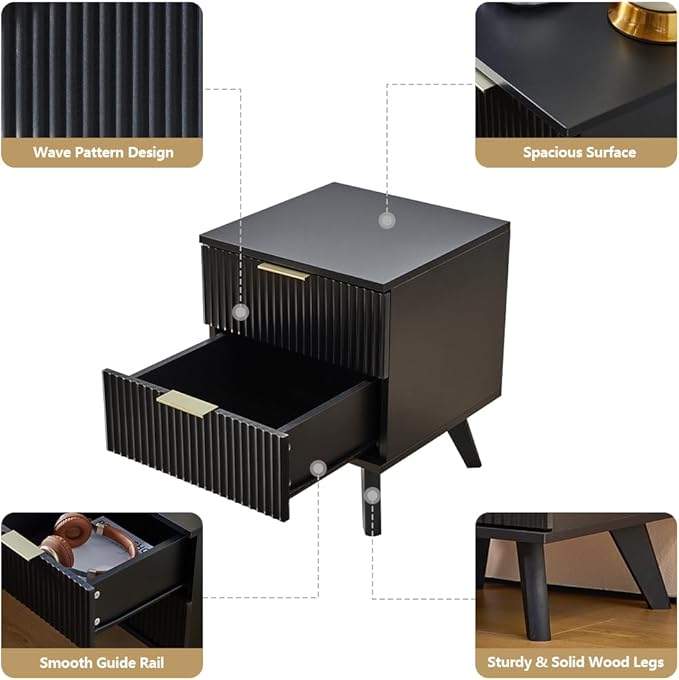 Fluted 2 Drawer Small Dresser for Bedroom, Mid Century Modern Nightstand with Drawers, Low Bedside Table with Drawers, End Table Short Storage, Living Room, Dorm -Black