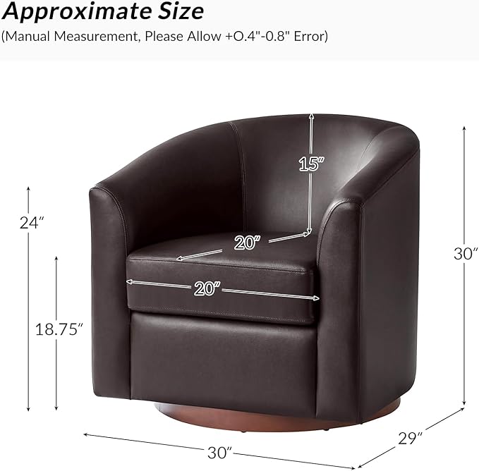 HULALA HOME Faux Leather Swivel Accent Chair with Solid Wood Base, Round Swivel Barrel Chair for Living Room and Bedroom, Brown
