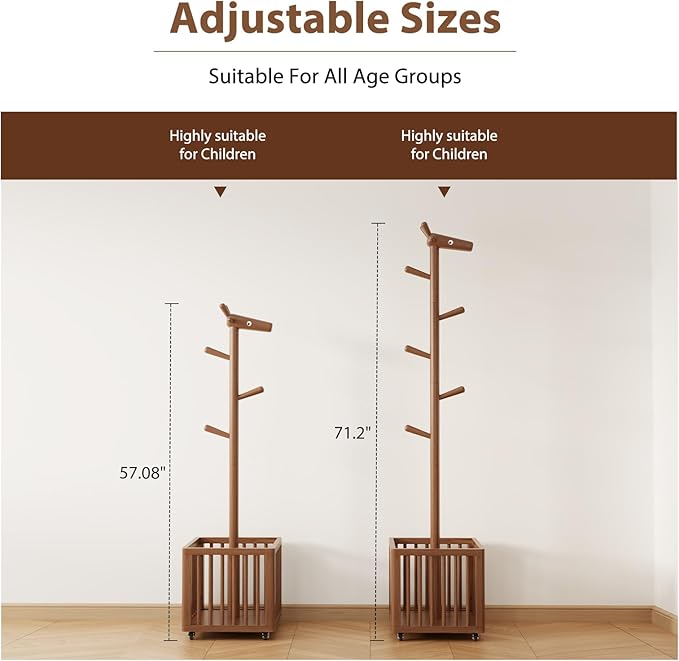 Coat tree freestanding heavy duty，Wooden coat rack freestanding for Entrance, Bedroom, Living room(Walnut)