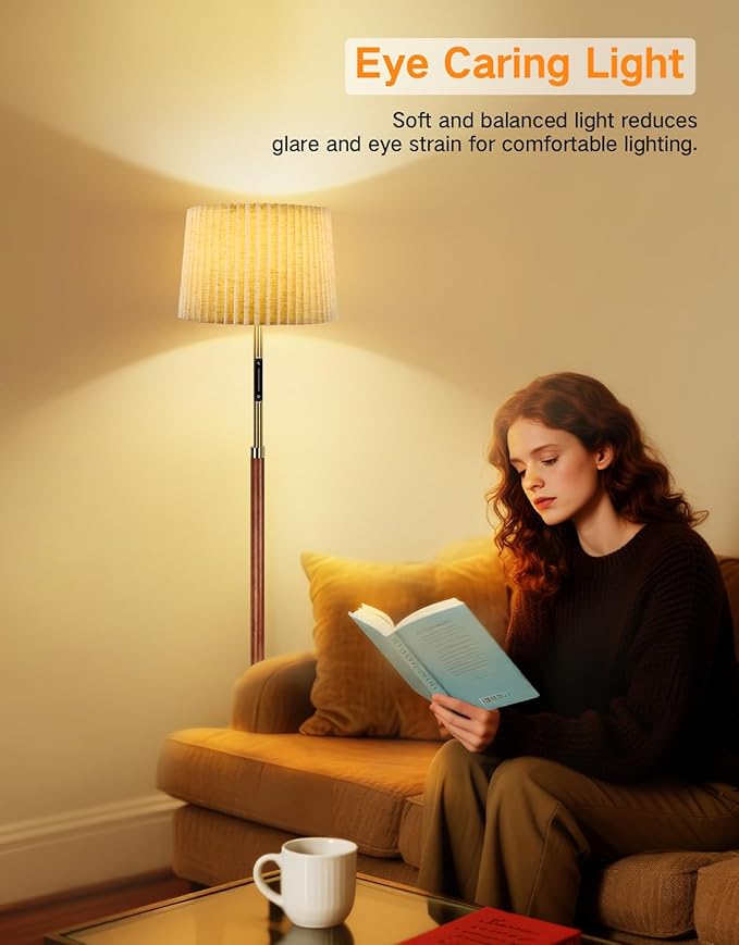 OUTON Wood Floor Lamp, Mid Century LED Modern Dimmable Standing Lamp with Remote & Touch Control, 4 Color Temperatures, Tall Floor Lamps for Living Room, Bedroom, Office, Walnut