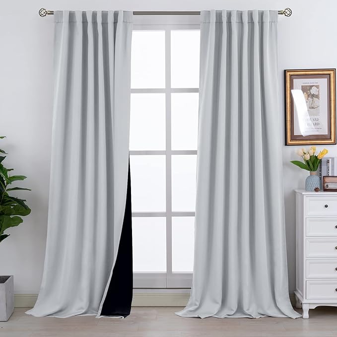 BGment Light Grey 100% Blackout Curtains 108 Inches Long with Black Liner, Rod Pocket and Back Tab Double Layer Full Room Darkening Thermal Window Curtains for Bedroom, 2 Panels, Each 52 x 108 Inch