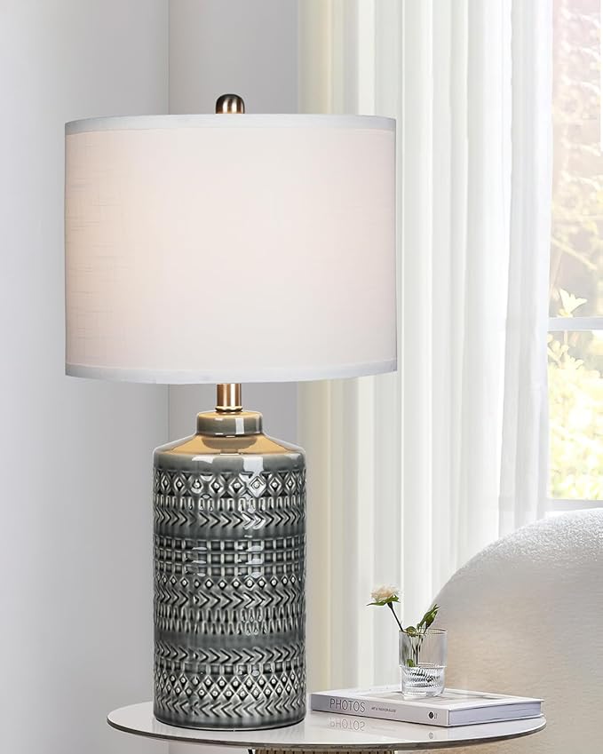 Modern Ceramic Table Lamp, 24.5" Living Room Lamps 3-Way Dimmable Gray Nightstand Lamp with White Shade|Tall Bedside Lamp Desk Decor Lamps for Bedrooms Farmhouse Office End Table Lamps(Bulb Included)