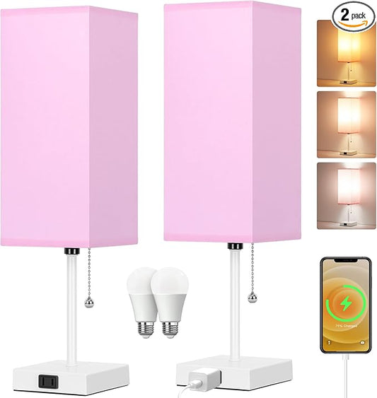 Table Lamp for Bedroom set of 2,3-Color Bedside Lamps with Pull Chain Table Lamps for Nightstand with AC Outlets,18'' Night Light Lamps with 2 Bulbs Lamps for Living Room Kids Office Decor（White-pink）