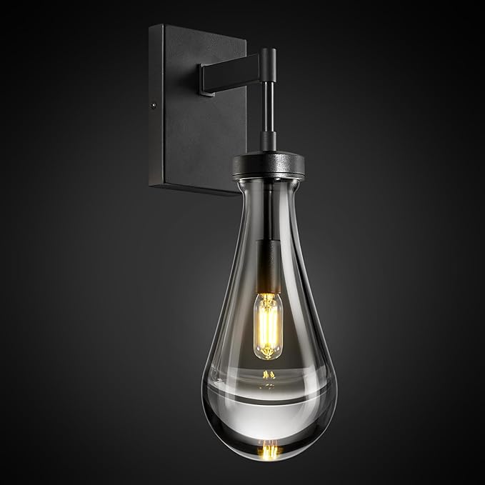 Raindrop Wall Sconces Black Sconces Wall Decor Modern Brass Wall Lighting Glass Bathroom Sconces Indoor Vanity Light Wall Lamp for Bedroom Living Room Stair (1 Pack)