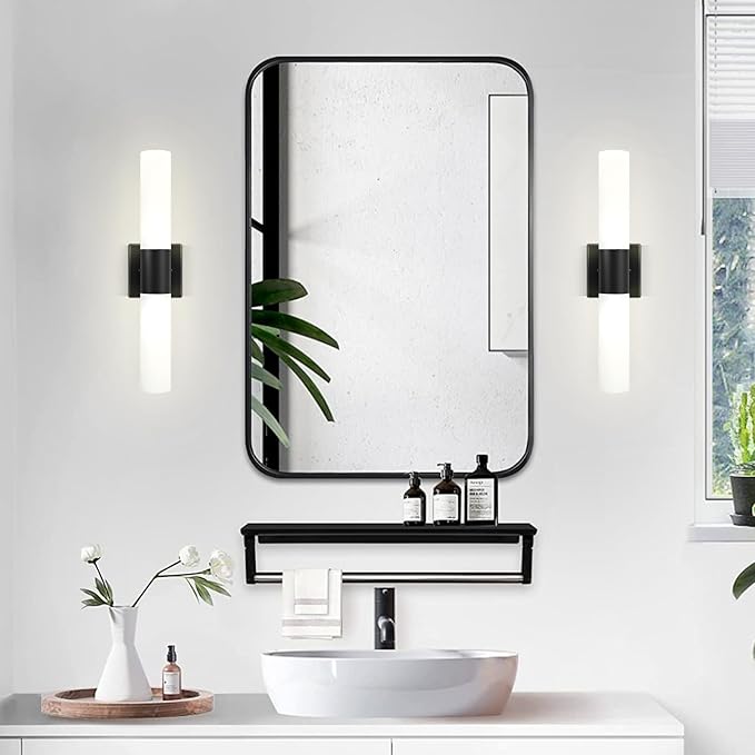 Bathroom Wall Sconces Set of Two, 21 Inch Modern Vanity Lights with Frosted Glass Shade, Bathrooms Vanity Lighting Fixtures for Mirror Bedroom Living Room Hallway (Black)