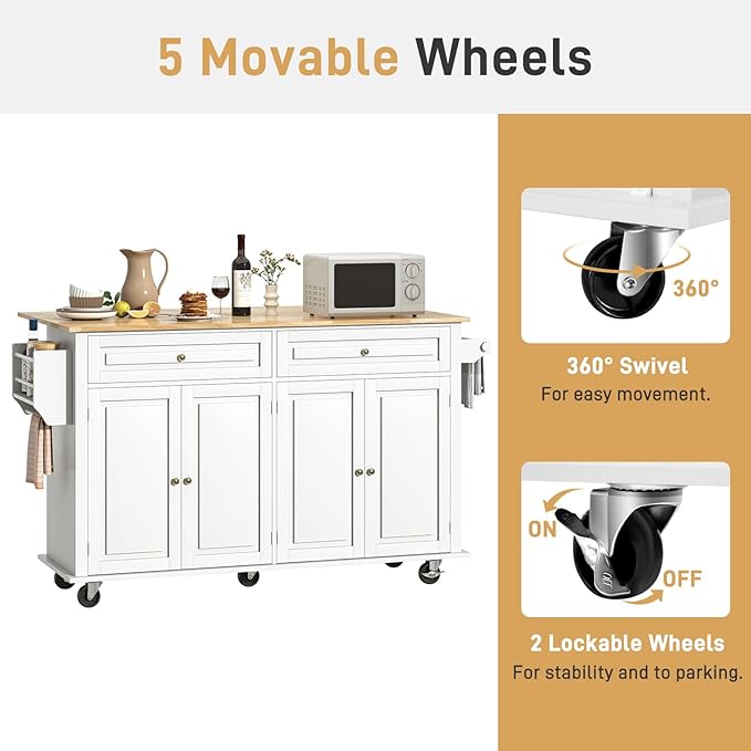 63" Movable Kitchen Island with Drop Leaf and Power Outlet, Rolling Island Cart w/Storage Cabinet, Island Table on Wheels for Kitchen w/2 Drawers, Spice Rack, Towel Bar, Garage Hook, White