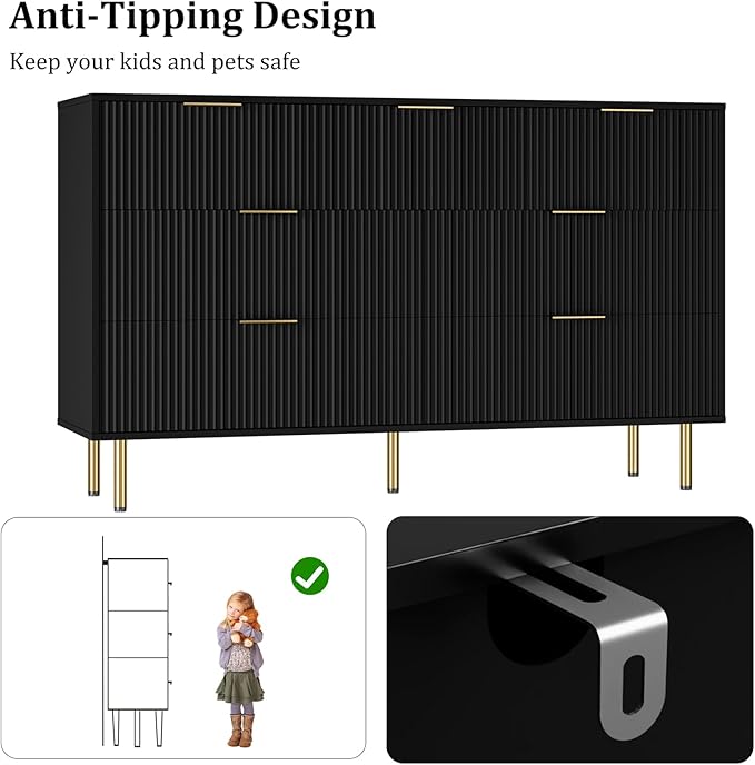 7 Drawers Dresser for Bedroom, Fluted Dresser Chest of Drawers with Gold Handle, Wood Modern Dressers for Closet, Bedroom Furniture Storage Organizer for Living Room, Hallway