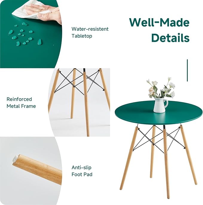 Round Dining Table Set for 4 31.5" Wood Dinner Table Circle Dining Table Kitchen Table Chairs Set of 4 with Wood Strip Base for Kitchen Living Room Space Saving Apartment(Green)