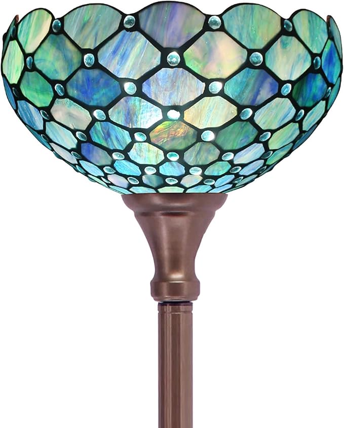 Tiffany Floor Lamp Torchiere Stained Glass Torch Lamp 12X12X67 Inch Antique Standing Corner Light (Sea Blue Pearl)