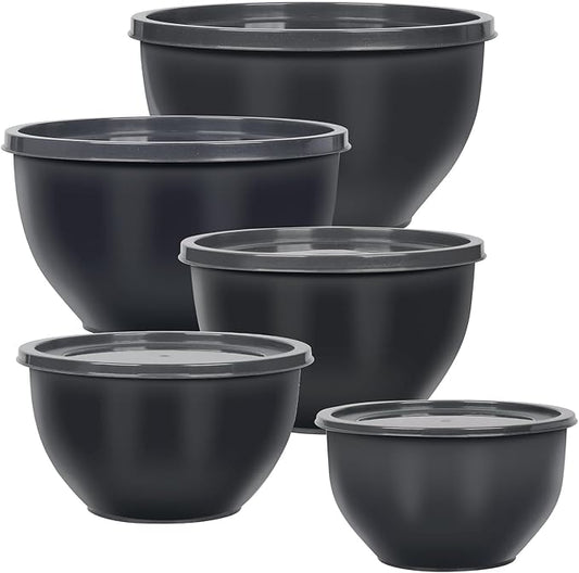 5-Piece Plastic Mixing Bowls with Lids Set for Kitchen, Nesting Bowls for Mixing, Baking, Prepping, Cooking and Serving Food, Grey Mixing Bowls Dishwasher, Microwave Safe, large