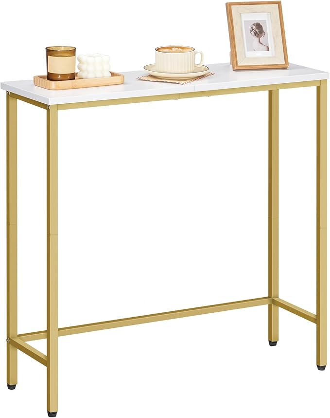 HOOBRO Narrow Console Table, 29.5" Small Entryway Table, Thin Sofa Table, Side Table, Display Table, for Hallway, Bedroom, Living Room, Foyer, White and Gold DW75XG01