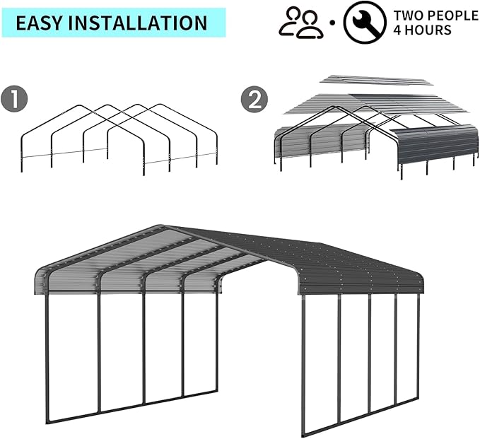 12x20 FT Metal Carport, Heavy Duty Car Port Canopy with Galvanized Steel Roof & Frame, Large Metal Carport Kit, Steel Car Shelter, Outdoor Car Garage for Car, Boat, Truck, Black
