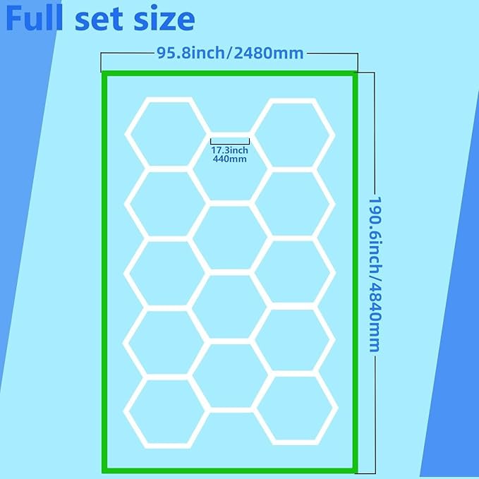 Hexagon Garage LED Light, Ceiling Lights, Shop Light for Car Detailing, Garage, Workshop and Gym (14 Hex Grids,Green) AC 100-240V(190.56 inch x 95.76 inch)