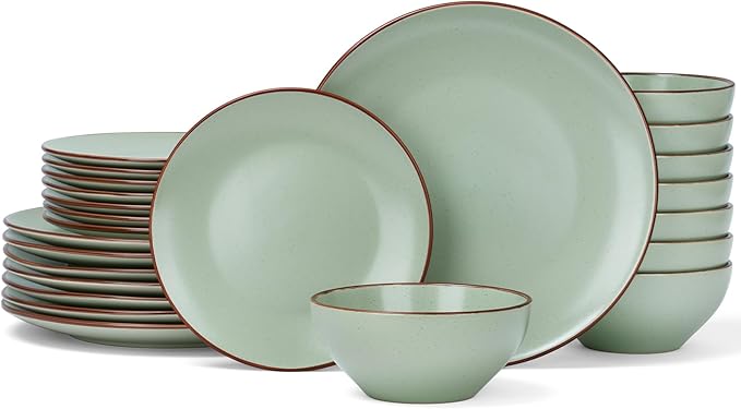 Famiware Venus Ceramic Plates and Bowls Sets, Speckled Dinnerware Dish Sets for 8 (24 Pieces) - Microwave and Dishwasher Safe, Matte Light Green