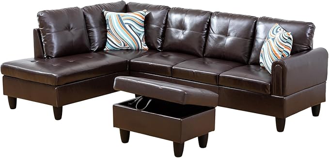 L-Shape 3-Piece Cloud Sofa, Couch for Living Room, Brown Faux Leather L-Shape with Reversible Chaise & Storage Ottoman, Ergonomic 110–115° Recline, Solid-Wood Frame