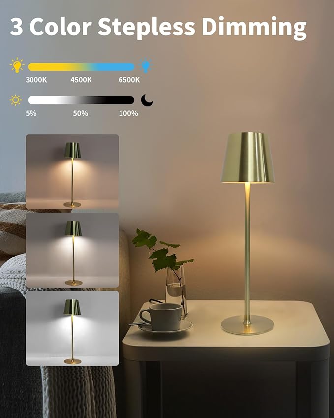 2 Pack Cordless Table Lamps,Portable LED Desk Lamp, 5000mAh Battery Operated Lamp, 3 Color Stepless Dimming Up, for Restaurant/Bedroom/Outdoor Party/Camping/Coffee Shop Night Light(Gold)