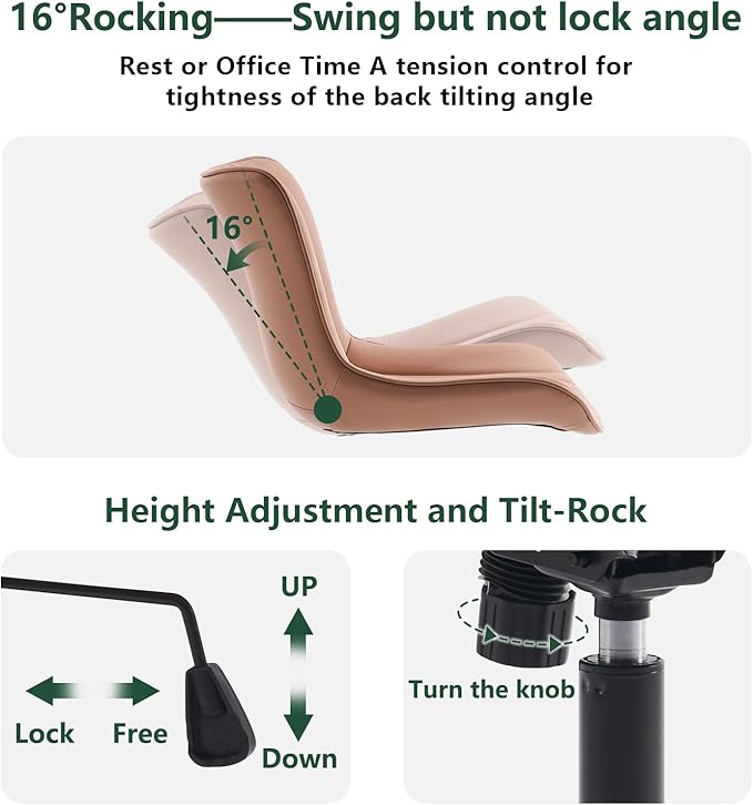 YOUTASTE Pink Modern Office Chair, Faux Leather Armless Desk Chair with Wheels, Height Adjustable, Swivel, Rocking, 300 lbs Capacity, Metal Base, for Home Office Vanity