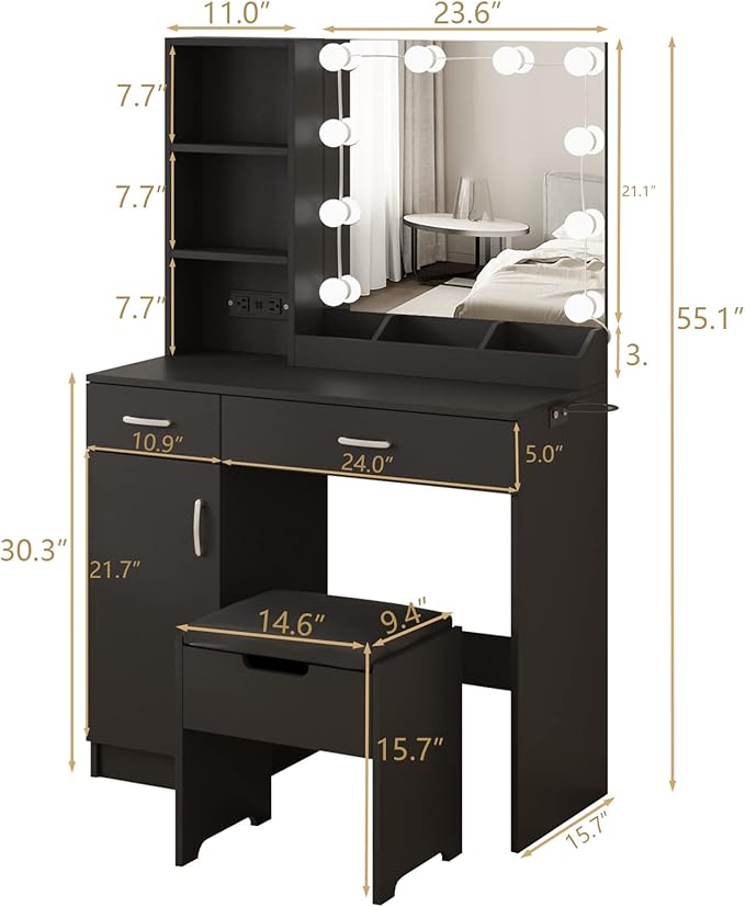 Fameill Makeup Vanity Desk with Lighted Mirror & Power Strip,Black Vanity Table Set with Lights and Lots Storage,2 Drawer Makeup Table,3 Lighting Colors,35.4in(L)