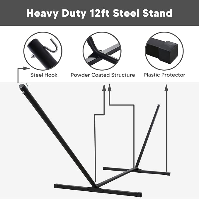 SUNCREAT Hammocks for Outside with Stand, Extra Large Double Hammocks 2 Person Heavy Duty, 450 lbs Capacity, Dark Gray