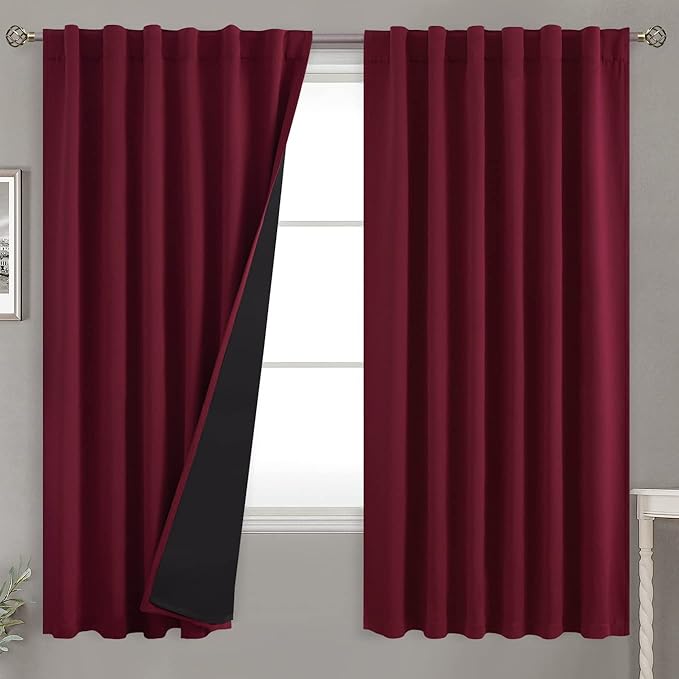 BGment Full Blackout Curtains with Heat Insulation Liner Curtains 63 Inches Long，Rod Pocket and Back Tab Double Layer Room Darkening Window Curtain for Bedroom(52 x 63 Inch, 2 Panels, Burgundy Red)