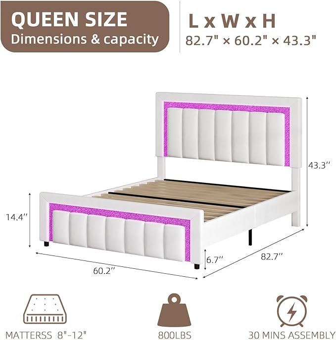 HOMBCK Bed Frame Queen Size with LED Lights and Velvet Upholstered Headboard, Queen Bed Frame with Modern Diamond Headboard Adjustable, Wooden Slats Support, Noise Free, No Box Spring Needed, White