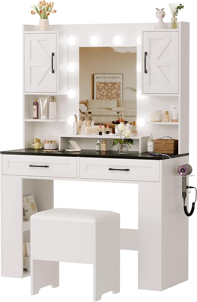 KAMABOKO Farmhouse Vanity Desk with Mirror and Lights, Large Makeup Vanity Table with 2 Drawers, Clear Glass Display Cabinet and Upholstered Storage Stool, Girls Vanity for Bedroom (037-Black)