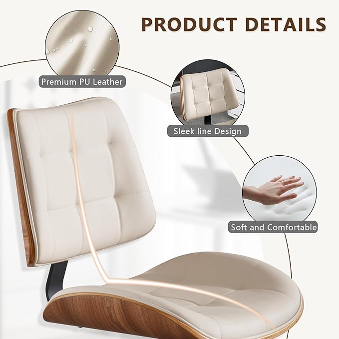 Home Office Desk Chair with Wheels, Adjustable Height Armless Office Chair, PU Leather Mid Back 360° Small Computer Chair, Modern Walnut Chair No Arms for Office, Reading Meeting Room(Beige)