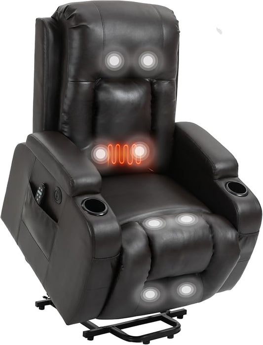 PELUMY Power Lift Recliner Chair for Elderly with Massage & Heat - Heavy Duty Electric Lift Chair, Oversized Recliner, Lay Flat, 8-Point Vibration, Lumbar Heating, USB Port, Cup Holders (Brown)