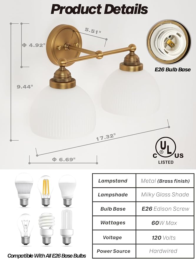 2-Lights Milk White Glass Wall Sconce Lighting Brass Finished, Double Arm Bathroom Vanity Light Fixture for Bedroom Living Room Dining Room Hallway