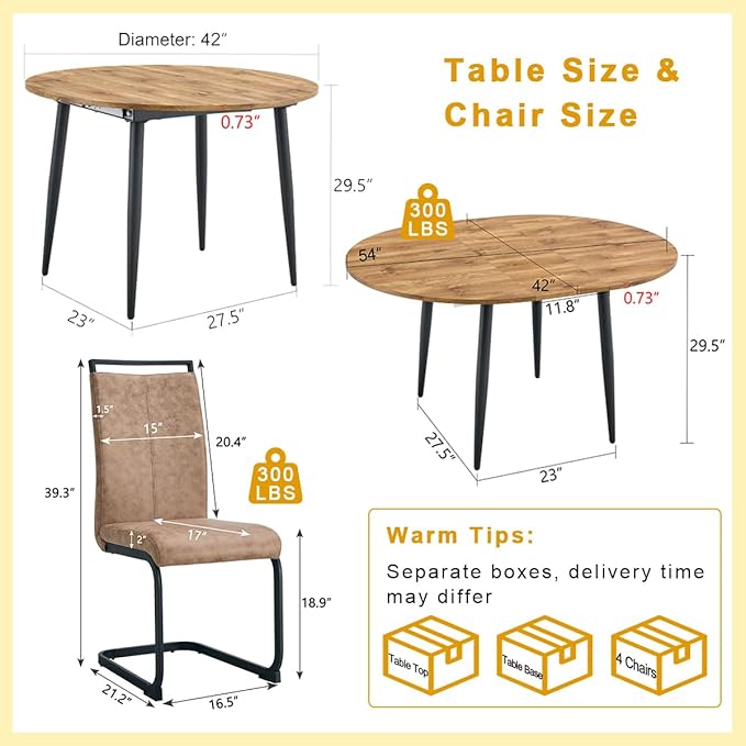 42"-54" Extendable Dining Table Set for 4, Round Dining Table Set for 4, 0.73" Thick Wood Tabletop with Smooth Edge, Black Metal Leg with Non-Slip Footmat, 4 Soft PU Chairs, for Kitchen, Small Space